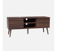 sweeek - Meuble TV scandinave avec 2 Portes décor Bois Noyer rainuré et 1 Niche Centrale avec étagère L120cm