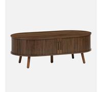 sweeek - Table Basse 2 Portes coulissantes avec 3 Compartiments décor Bois rainuré Noyer. L 110 x P 59 x H 39cm