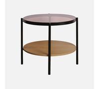Table d'appoint ronde double plateau verre trempé, décor bois et métal SMOOKY