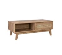 sweeek - Table Basse avec 2 niches. 1 Porte coulissante. décor Bois et cannage. Pieds Eucalyptus