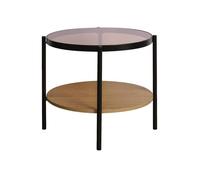 sweeek - Table d'appoint ronde double plateau verre trempé, décor bois et métal SMOOKY