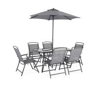 sweeek - Table de jardin acier avec parasol + 6 assises SONIA