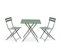 sweeek - Table de Jardin bistrot Pliante métal + 2 assises Vert de Gris 70 x 70cm. Acier thermolaqué