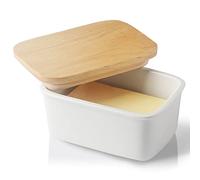 SWEEJAR Beurrier en porcelaine avec couvercle, grand récipient hermétique avec couvercle en bois, parfait pour 2 bâtons de beurre West ou East Coast (blanc)