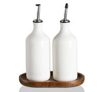 Sweejar Home Lot de 2 flacons distributeurs d'huile d'olive en céramique avec plateau, 560 ml pour comptoir de cuisine, pot à huile opaque pour stockage de sauce soja, vinaigre, liquides, blanc