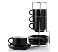Sweejar Home Lot de 4 tasses à expresso empilables en céramique avec soucoupes et support en métal, 120 ml, pour café, latte, thé (noir)