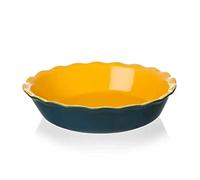 Sweejar Home Moule à gâteau rond en céramique, 26 cm, pour dîner, anti-adhésif, avec bord ondulé doux, pour tarte aux pommes, tartes à la citrouille, gâteau en pot (bleu/jaune)