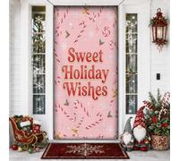 Sweet Candy Cane Décorations de porte de Noël 91,4 x 183 cm | Thème canne à sucre, bannière de porche, typographie scriptée, fond de grille, esthétique fantaisie, décoration d'entrée