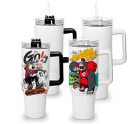 sweet grain Lot de 4 gobelets de sublimation de 1200 ml avec poignée - Grand gobelet isotherme à double paroi sous vide en acier inoxydable avec poignée amovible et paille - Poignée noire et blanche