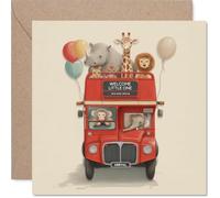 Sweet New Baby Card - All Aboard for Baby Joy - Adorables animaux de safari dans un bus rouge à deux étages avec ballons - Carré de 145 mm, enveloppe incluse