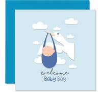 Sweet New Baby Card - Bundle of Joy Just Landed - Cigogne joyeuse avec illustration de bébé garçon dans des nuages doux - Carré de 145 mm, enveloppe incluse