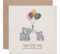 Sweet New Baby Card - Hey Little One, Welcome to the World - Doux parent et bébé éléphant avec ballons pastel - Carré de 145 mm, enveloppe incluse