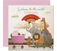 Sweet New Baby Card - Welcome to the World, Little Lady - Animaux de safari pastel avec un arc-en-ciel et un landau - Carré de 145 mm, enveloppe incluse
