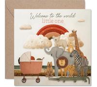 Sweet New Baby Card - Welcome to the World, Little One - Animaux de safari fantaisistes et landau sous un arc-en-ciel chaud - Carré de 145 mm, enveloppe incluse