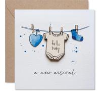 Sweet New Baby Carte de naissance Hello Baby, Welcome to the World - Corde à linge aquarelle avec grenouillère, cœur et chaussette - Carré de 145 mm, enveloppe incluse