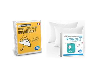 SWEET NIGHT Sweetnight - Protège Matelas 140x190 cm | Bouclette en Coton & Lot de 2 Protège Oreillers 65x65 cm | Set de 2 | Imperméable et Micro Respirant | Souple et Silencieux | Lavable à 90°C