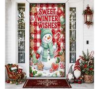 Sweet Winter Wishes Housse de porte de Noël avec citation bonhomme de neige | Sucre d'orge, panneau de porte d'entrée, biscuit en pain d'épices, carreaux de buffle, vœux d'hiver, décoration de porte