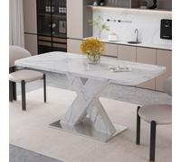 Sweiko 120CM-160CM Table de salle à manger rectangulaire moderne, extensible, avec plateau de table en marbre blanc imprimé + pied de table en X en MDF avec base en métal