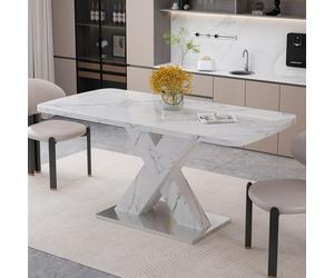 Sweiko 120CM-160CM Table de salle à manger rectangulaire moderne, extensible, avec plateau de table en marbre blanc imprimé + pied de table en X en MDF avec base en métal
