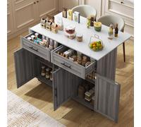 Sweiko 129x46(71)x91,5cm Chariot de table / buffet avec plateau rabattable, étagères intérieures dans les portes d'armoire, îlot de cuisine sur 5 roulettes avec placards de rangement et 2 tiroirs, pou