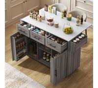 Sweiko 139x46(71)x91.5 cm Grand chariot de service/placard de service, placage en bois massif gris pour le corps + décoration en placage de marbre blanc pour le plan de travail, armoire/plan de travai