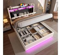 Sweiko 140 x 200cm Cadre de lit rembourré avec éclairage LED, fonction de recharge USB Type-C et rangement sous le lit, tête de lit de rangement, cadre de lit de rangement hydraulique, Beige, Sans mat