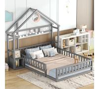 Sweiko 140 x 200cm Lits d'enfant, Lits plats, Lits de maison avec rampe, Lits d'enfant avec chevets, Gris