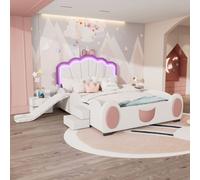 Sweiko 140x200cm Cartoon lit d'enfant lit papillon lumière LED changeant de couleur, télécommande, équipé d'un toboggan et d'une échelle, matériau PU, belle forme, rose + blanc