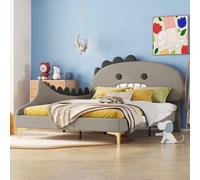 Sweiko 140x200cm lit d'enfant, forme de dinosaure de dessin animé, lit plat, matériel PU, gris