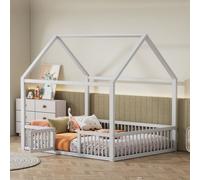 Sweiko 140x200cm Lit en bois massif, Lit double, Lit plat, Lit de maison, Lit de maison avec porte, blanc