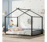 Sweiko 140x200cm Lit plat, Lit à cadre en fer, Lit d'enfant, Barre de maison, Noir