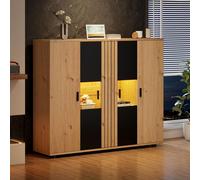 Sweiko 140x35x113cm Armoire latérale de salon,Armoire d'appoint de salon avec design de cloison et cloisons réglables, sideboard en noir + couleur bois et 4 portes