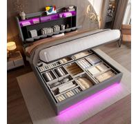 Sweiko 160 x 200cm Cadre de lit rembourré avec éclairage LED, fonction de recharge USB Type-C et rangement sous le lit, tête de lit de rangement, cadre de lit de rangement hydraulique, Gris, Sans mate
