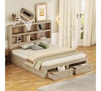 Sweiko 160x200cm lit double, panneau de particules, lit à plateau kingsize avec deux tiroirs au pied du lit, tête de lit avec espace de rangement, naturel