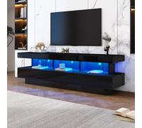 Sweiko 160x38x50,5 cm Support TV noir brillant avec 3 étagères en verre, éclairage LED, contrôle par application, connectivité Bluetooth pour téléviseur 70 pouces, support TV en verre brillant, Smart