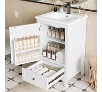 Sweiko 51x46x85cm Armoire de salle de bains au sol avec lavabo, lavabo entièrement laqué, étagère de porte, tiroir silencieux de grande capacité, étagère réglable, lavabo en céramique, blanc