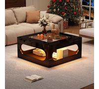 Sweiko 70x70x35cm Table de salon carrée, table basse évidée au centre, table de thé avec plateau en verre trempé,LED haute brillance Table d'appoint de salon,Table de fête de Noël,Noir, MDF