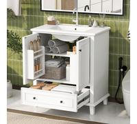 Sweiko 76x46x87cm Armoire de salle de bains au sol avec lavabo, lavabo, pieds en bois massif, entièrement laqué, étanche à l'humidité et à l'eau, grand espace de rangement, lavabo en céramique intégré