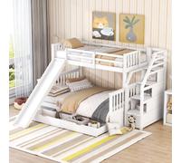 Sweiko 90 x 200 sur 140 x 200 Lit superposé avec tiroirs, espace de rangement et toboggan, multifonctionnel, blanc