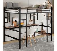 Sweiko 90x200cm Cadre de lit en métal, lit en fer avec bureau, lit surélevé avec quatre petites étagères et une grande bibliothèque pour enfants, adolescents et adultes, noir