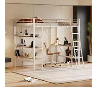 Sweiko 90x200cm Cadre de lit en métal, lit en fer, lit surélevé avec bureau et trois grandes étagères pour enfants, adolescents et adultes, 90x200 cm,blanc
