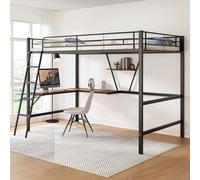 Sweiko 90x200cm Cadre de lit Lit en métal, lit en fer, lit surélevé avec bureau en L et une étagère pour enfants, adolescents et adultes, noir