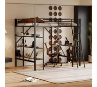 Sweiko 90x200cm Cadre de lit Lit en métal, lit en fer, lit surélevé avec bureau et trois grandes étagères pour enfants, adolescents et adultes, 90x200 cm, noir