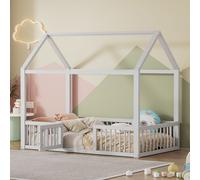 Sweiko 90x200cm Lit en bois massif, Lit double, Lit plat, Lit de maison, Lit de maison avec porte, blanc
