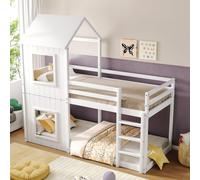 Sweiko 90x200cm Lit superposé, lit d'enfant, lit de maison pour filles et garçons, avec échelle & baldaquin, du sol au plafond, bois massif, blanc