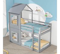 Sweiko 90x200cm Lit superposé, lit d'enfant, lit d'intérieur pour filles et garçons, avec échelle & baldaquin, de plain-pied, bois massif, gris