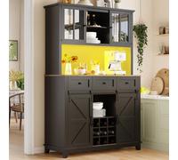 Sweiko Armoire de Cuisine, Haute Buffet de Cuisine avec étagères réglables, Sideboard avec éclairage LED (Black, (105×38.4×180cm))