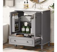 Sweiko Armoire de salle de bain au sol avec lavabo, 76x46x87cm, pieds en bois massif, entièrement laqué, étanche à l'humidité et à l'eau, grand espace de rangement, lavabo en céramique intégré, gris