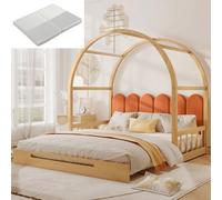 Sweiko (avec matelas)Lit de pavillon voûté extensible, lit coulissant, lit d'enfant, lit de jour, lit double, coussin en velours, cadre en pin, naturel et orange (140x100cm&140x200cm)