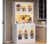 Sweiko Buffet de Cuisine 180cm avec Bandeau LED et Prise électrique intégrés, Meuble de Rangement Haute avec 6 Portes, 2 tiroirs, Sideboard avec étagères réglables, métalliques dorées
